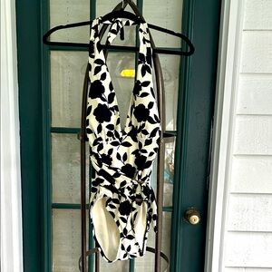 Kate Spade Black and White Floral Halter, Belted  One-Piece Swimsuit size Small